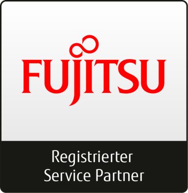 Logo von Fujitsu mit dem Text "Registrierter Service Partner" in Rot auf weißem Hintergrund.